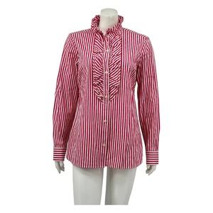 Vineyard Vines Womens Button Front Top 10 Red White Stripe 100% Cotton Ruffles